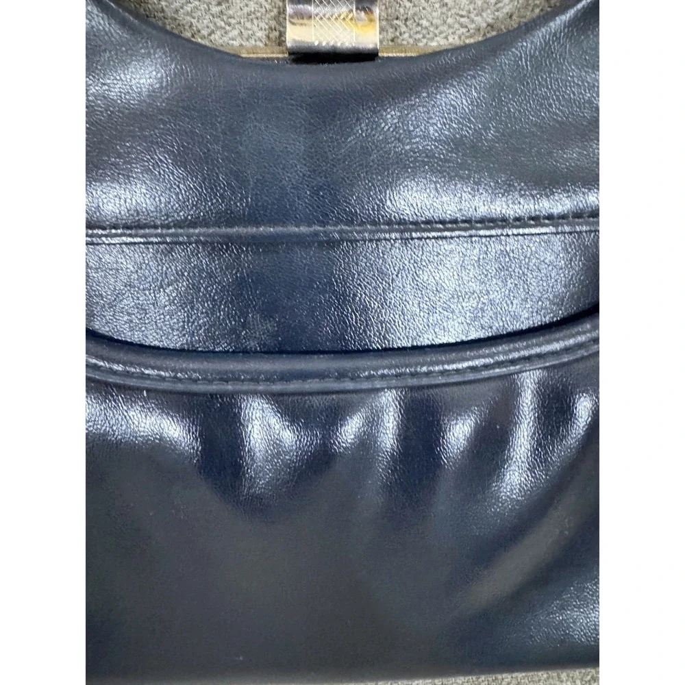 Vintage Navy Blue Faux Leather Shoulder Bag Gold Tone Minimalist